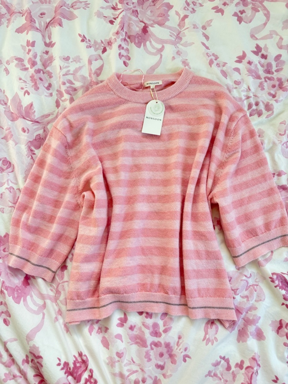 NWT Monsoon Light Pink striped 3/4 sleeve sweater
